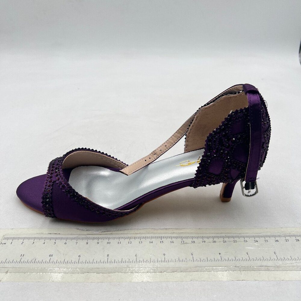 XYD Dark Purple Peep Toe D'Orsay Kitten Low Heel Rhinestone Ankle Strap Sandal - Picture 2 of 8